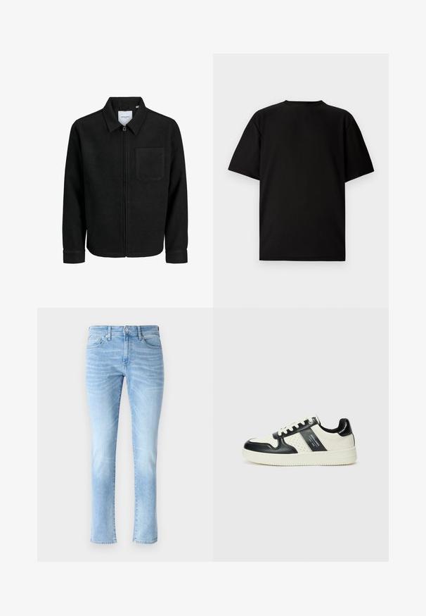 Crna jakna na zip s ovratnikom i jednim džepom na prsima, prikazana na bijeloj pozadini.; Crni kratki rukav T-shirt izrađen od rebrastog materijala. Ima okruglu izrezanu vratnicu i opušten kroj s glatkom teksturom. Samo stražnji pogled.; Svijetloplave traperice s uskim krojem, pet džepova i suptilnim izblijeđenim detaljima, s klasičnim ravnim nogavicama i kopčanjem na dugme.; Kožne tenisice s crno-bijelom paletom boja, koje imaju perforirane akcentne detalje, podstavljeni ovratnik i teksturiranu potplat.