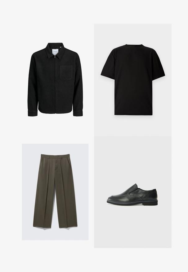 Čierna zipsová bunda s golierom a jednou náprsníkou, vystavená na bielom pozadí.; Čierne tričko s krátkym rukávom vyrobené z rebrovanej tkaniny. Má okrúhly výstrih a voľný strih s hladkou textúrou. Zobrazenie iba zozadu.; Široké nohavice v olivovej zelenej farbe, vyrobené z hladkej tkaniny. Obsahujú predné vrecká, plochý predný diel a šité záhyby pre lepšiu štruktúru.; Čierny kožený nazúvací topánka s hladkým zvrškom, prešitými akcentmi, zaoblenou špičkou a nízkym gumovým podpätkom. Podošva má minimálny dezén.