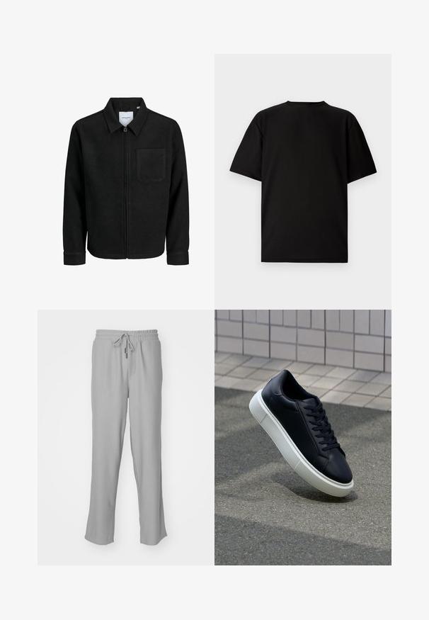 Melna jaka ar rāvējslēdzēju un apkakli, vienu krūšu kabatu, parādīta uz baltas fona.; Melna īsām piedurknēm T-kreklu, kas izgatavots no ribotas auduma. Tam ir apaļa kakla izgriezums un brīvs piegriezums ar gludu tekstūru. Skats tikai no aizmugures.; Pelēkas ribotas sportiskās bikses ar elastīgu jostu un regulējamu auklu. Iekļauj sānu kabatas un brīvu piegriezumu caur kājām.; Melnas ādas kedas ar noapaļotu pirkstu un baltu gumijas zoli. Iespējas - plakanas šņorītes un minimāla apdare augšdaļā. Struktūrēta zole, lai nodrošinātu saķeri.