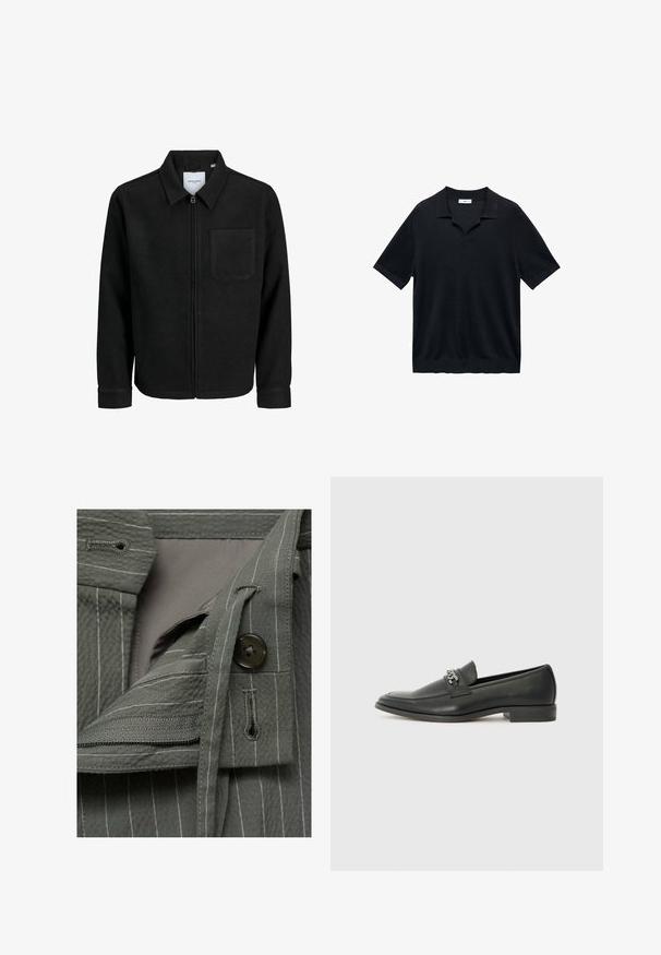 Musta vetoketjullinen takki, jossa on kaulus ja yksi rintatasku, esitelty valkoista taustaa vasten.; Musta lyhythihainen polo-paita, jossa on V-pääntie, litteä kaulus ja ribbitoiminta. Materiaali vaikuttaa kevyeltä ja sileältä.; Harmaa kangas, jossa on pystysuoria valkoisia raitoja, nappisuljenta ja vetoketjullinen tasku. Sileä texture, jossa on kerroksellisia muotoiluelementtejä.; Musta nahkakengät, joissa on sileä pinta, koristeelliset ompeleet ja metalliketjun yksityiskohta kengän päällä. Littee korko.