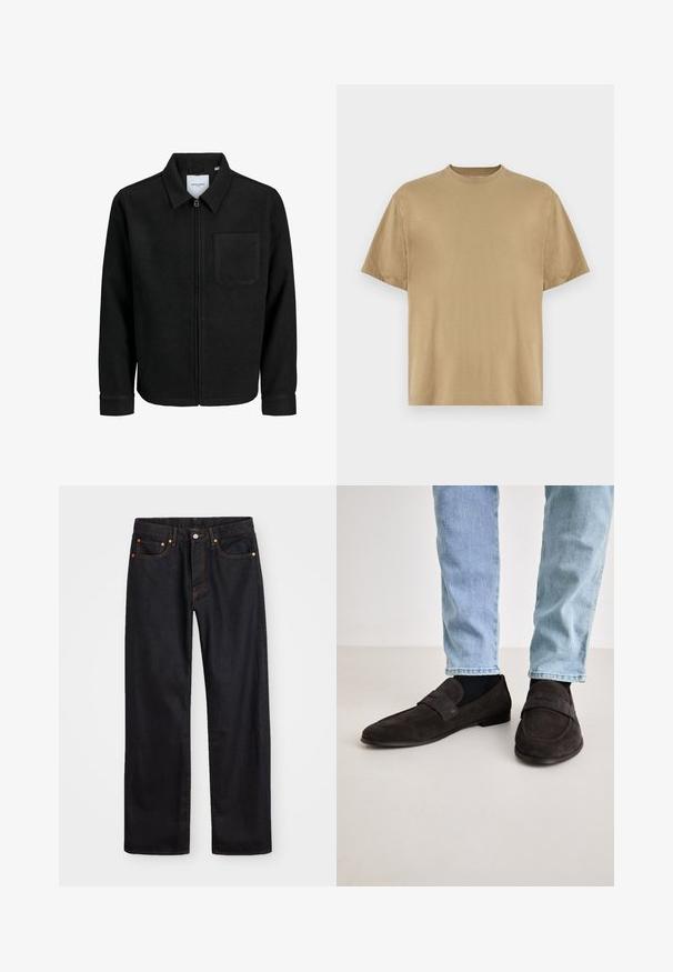 Svart zip-jacka med krage och en enda bröstficka, visad på vit bakgrund.; Khaki kortärmad t-shirt i mjukt tyg, med rund halsringning och en avslappnad passform. Inga mönster eller grafik syns.; Svart denimjeans för män med rak passform, fem fickor och orangea sömmar, med knäppning och dragkedja fram i midjan.; Mörkbruna mockaloafers med platt sula och ett brett band över det övre. Bärs med ljusblå denimjeans och svarta strumpor.