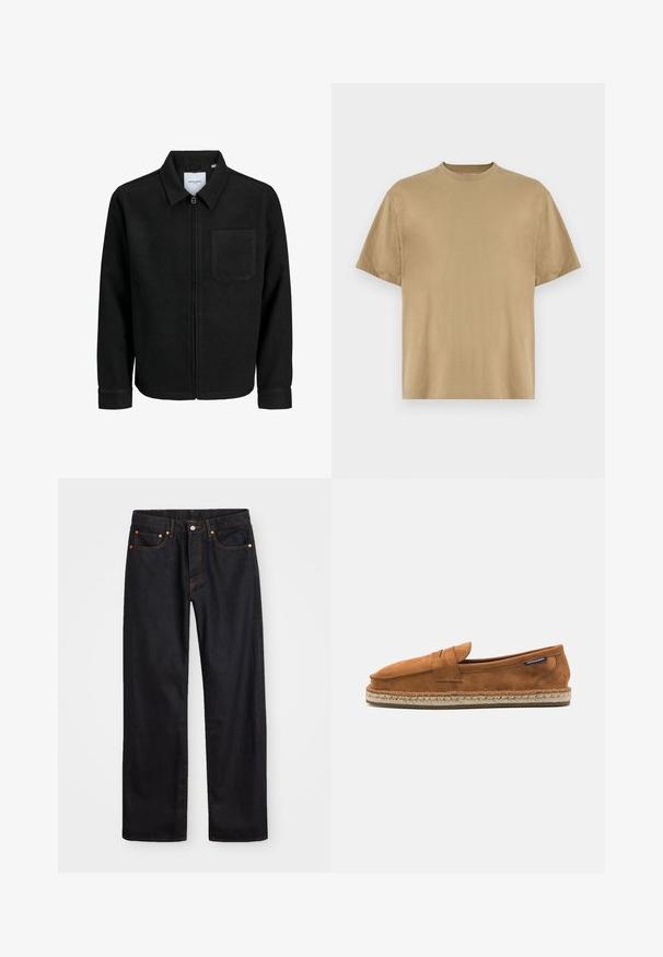 Schwarze Zip-Jacke mit Kragen und einer einzelnen Brusttasche, auf weißem Hintergrund präsentiert.; Khakifarbenes T-Shirt mit kurzen Ärmeln aus weichem Stoff, mit einem Rundhalsausschnitt und einer lockeren Passform. Keine Muster oder Grafiken sichtbar.; Herren gerade geschnittene schwarze Jeans aus Denim mit fünf Taschen und orangefarbenen Nähten, Knopf- und Reißverschluss vorne am Bund.; Braune Wildleder Slipper mit runder Zehenpartie, ausgestattet mit einer gewebten Juté-Sohle und einem kleinen Akzentriemen auf der Vorderseite.