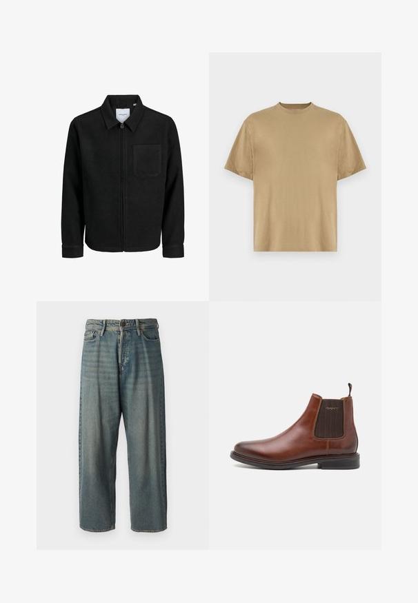 Schwarze Zip-Jacke mit Kragen und einer einzelnen Brusttasche, auf weißem Hintergrund präsentiert.; Khakifarbenes T-Shirt mit kurzen Ärmeln aus weichem Stoff, mit einem Rundhalsausschnitt und einer lockeren Passform. Keine Muster oder Grafiken sichtbar.; Helle blaue Denim-Jeans mit lockerer Passform, mittelhoher Taille und geraden Beinen. Hat fünf Taschen, Gürtelschlaufen und einen Knopfverschluss.; Braune Leder-Chelsea-Stiefel mit elastischen Seitenpaneelen, runder Zehenpartie und niedrigem, gestapeltem Absatz. Strukturiertes braunes Element an den Seiten.