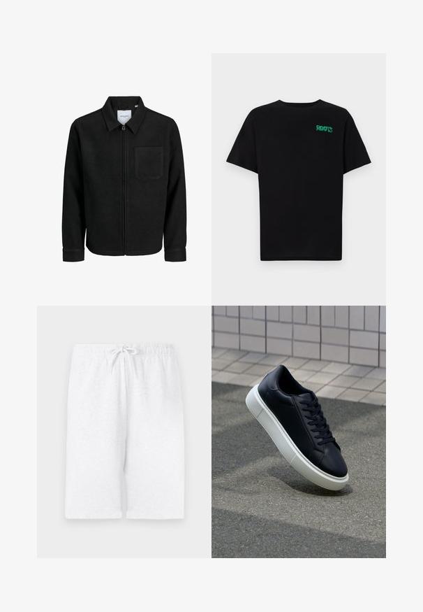 Veste zippée noire avec col et poche poitrine unique, présentée sur fond blanc.; T-shirt noir en coton à manches courtes. Présente un logo "ROOTS" vert sur le devant, un col rond et une coupe standard.; Shorts en coton blancs avec une taille élastique et un cordon de serrage ajustable. Présente une coupe droite et une texture lisse. Pas de motifs ni d'accents.; Baskets noires en cuir avec bout arrondi et semelle en caoutchouc blanc. Elles présentent des lacets plats et une couture minimale sur la tige. Semelle texturée pour une bonne adhérence.