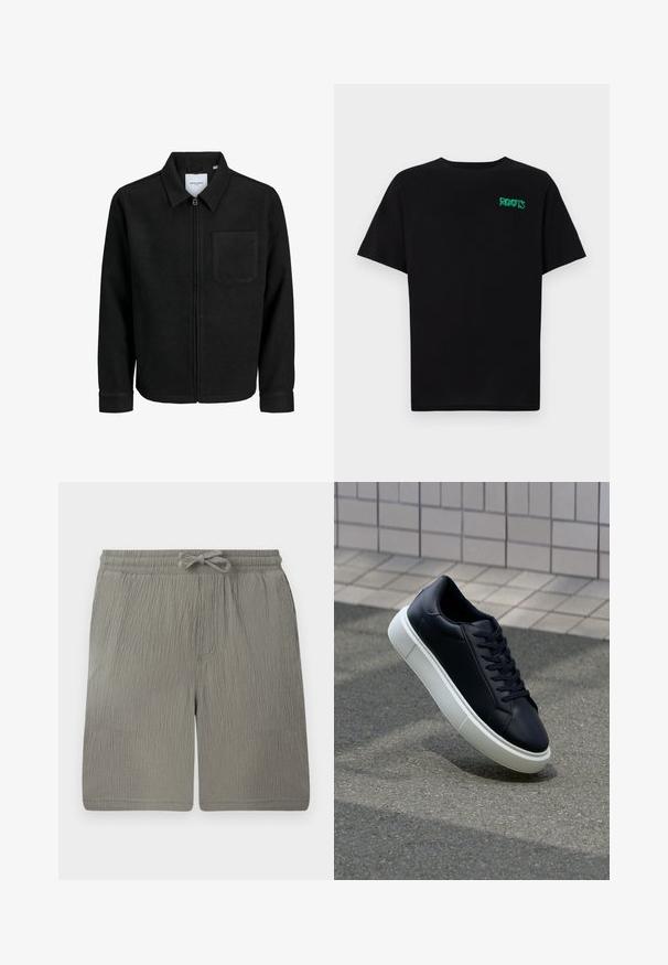 Veste zippée noire avec col et poche poitrine unique, présentée sur fond blanc.; T-shirt noir en coton à manches courtes. Présente un logo "ROOTS" vert sur le devant, un col rond et une coupe standard.; Shorts gris clair en tissu texturé. Dotés d'une taille élastique, d'un cordon de serrage et d'une poche latérale. Design simple et droit.; Baskets noires en cuir avec bout arrondi et semelle en caoutchouc blanc. Elles présentent des lacets plats et une couture minimale sur la tige. Semelle texturée pour une bonne adhérence.