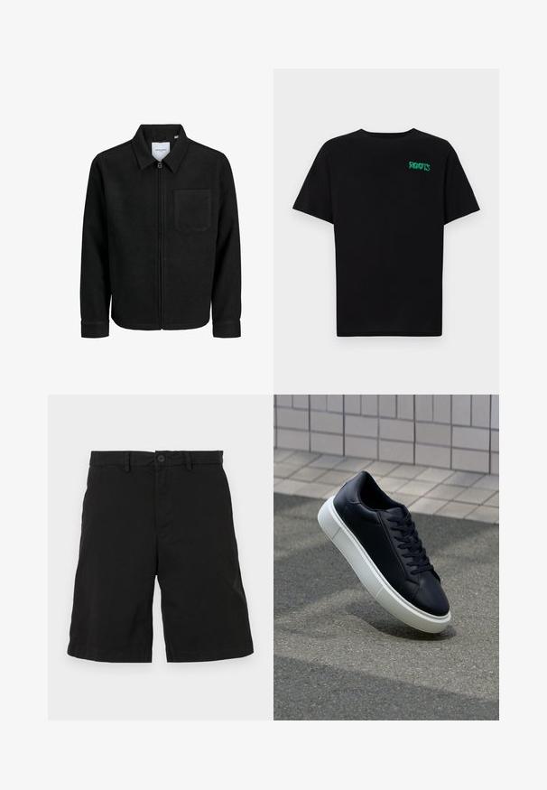 Zwarte zip-up jas met kraag en enkele borstzak, weergegeven op een witte achtergrond.; Zwarte T-shirt van katoen met korte mouwen. Heeft een groen "ROOTS" logo op de voorkant, een ronde halslijn en een standaard pasvorm.; Zwarte katoen shorts met een vlakke voorkant, voorzien van een knoopsluiting en zijzakken, zonder zichtbare patronen of accenten.; Zwarte leren sneaker met een ronde neus en een witte rubberen zool. Voorzien van platte veters en minimale stiksels op het bovenwerk. Textuurrijke zool voor grip.