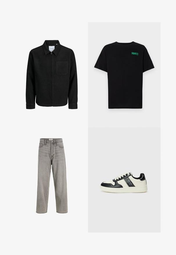 Jachetă neagră cu fermoar, cu guler și un singur buzunar pe piept, expusă pe fundal alb.; Tricou negru din bumbac, cu mâneci scurte. Prezintă un logo verde "ROOTS" pe față, guler rotund și o potrivire standard.; Jeanși din denim gri cu talie înaltă, design cu picioare largi, ușor uzate și stil cu cinci buzunare. Prezintă închidere cu nasture metalic și bucle pentru curea.; Tenisi din piele cu un scheme de culori negru și crem, dotati cu accente perforate, guler căptușit și o talpă texturată.