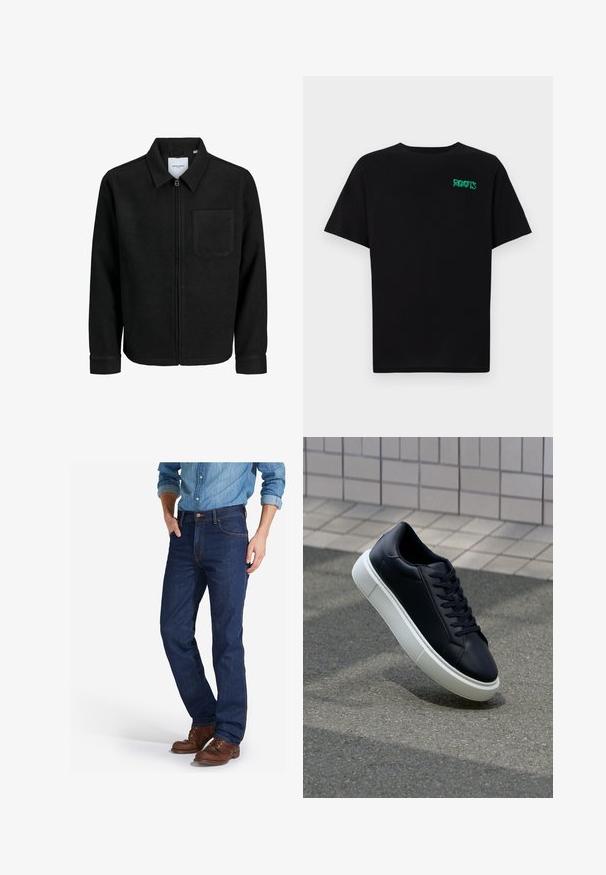 Giacca nera con zip, colletto e una tasca sul petto, mostrata su sfondo bianco.; T-shirt nera in cotone con maniche corte. Presenta un logo verde "ROOTS" sulla parte frontale, colletto rotondo e vestibilità standard.; Jeans in denim blu scuro con vestibilità dritta, caratterizzati da cuciture arancioni, design a cinque tasche e chiusura con bottone. Abbinati a stivali marroni.; Sneaker in pelle nera con punta arrotondata e suola in gomma bianca. Presenta lacci piatti e cuciture minime sulla parte superiore. Suola testurizzata per una migliore aderenza.