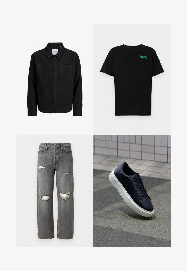 Crna jakna na zip s ovratnikom i jednim džepom na prsima, prikazana na bijeloj pozadini.; Crna majica kratkih rukava od pamuka. Na prednjem dijelu se nalazi zeleni "ROOTS" logo, okrugli izrez i standardni kroj.; Sive traperice s opuštenim krojem, s izrezima na koljenima, klasičnim dizajnom s pet džepova i zatvaračem na munje.; Crne kožne tenisice s zaobljenim vrhom i bijelim gumiranim potplatom. Imaju ravne vezice i minimalno šivanje na gornjem dijelu. Teksturirani potplat za bolje prianjanje.