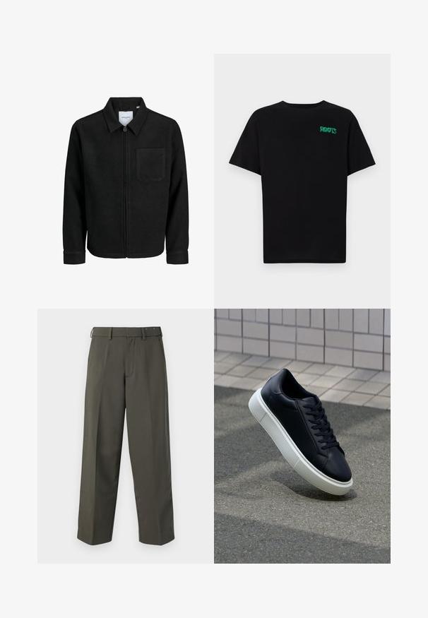 Veste zippée noire avec col et poche poitrine unique, présentée sur fond blanc.; T-shirt noir en coton à manches courtes. Présente un logo "ROOTS" vert sur le devant, un col rond et une coupe standard.; Pantalons droits de couleur vert foncé, avec une texture lisse, présentant une taille plate, des passants de ceinture et une fermeture éclair. Pas de motifs ou d'embellissements visibles.; Baskets noires en cuir avec bout arrondi et semelle en caoutchouc blanc. Elles présentent des lacets plats et une couture minimale sur la tige. Semelle texturée pour une bonne adhérence.