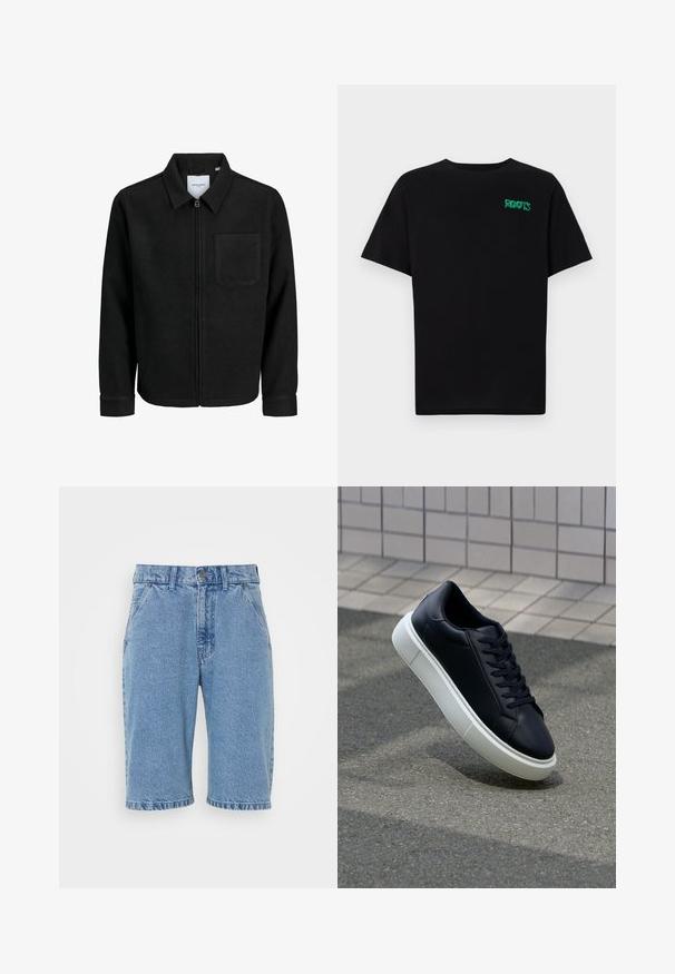 Melna jaka ar rāvējslēdzēju un apkakli, vienu krūšu kabatu, parādīta uz baltas fona.; Melna kokvilnas t-kreka ar īsām piedurknēm. Uz priekšu ir zaļa "ROOTS" logo, apaļa kakla izgriezums un standarta piegriezums.; Gaišzilā džinsa šorti ar klasisku piecu kabatu dizainu, pogu un rāvējslēdzēju, neapstrādātu apakšmalu un izbalējušu tekstūru.; Melnas ādas kedas ar noapaļotu pirkstu un baltu gumijas zoli. Iespējas - plakanas šņorītes un minimāla apdare augšdaļā. Struktūrēta zole, lai nodrošinātu saķeri.