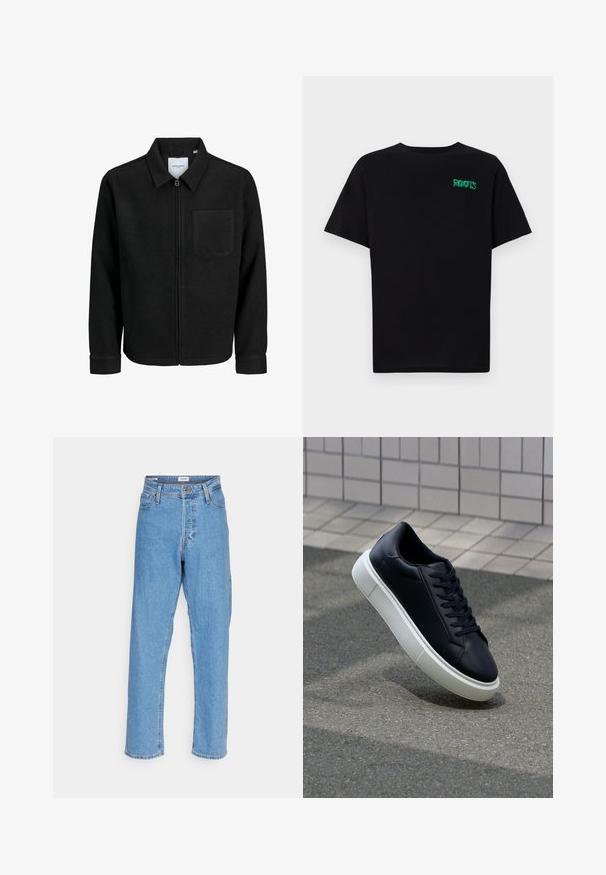 Melna jaka ar rāvējslēdzēju un apkakli, vienu krūšu kabatu, parādīta uz baltas fona.; Melna kokvilnas t-kreka ar īsām piedurknēm. Uz priekšu ir zaļa "ROOTS" logo, apaļa kakla izgriezums un standarta piegriezums.; Gaiši zils augstā jostasvietā taisna kāja džinsi ar priekšējo pogu, rāvējslēdzēja aizdari, jostu cilpām un piecu kabatu dizainu uz balta fona.; Melnas ādas kedas ar noapaļotu pirkstu un baltu gumijas zoli. Iespējas - plakanas šņorītes un minimāla apdare augšdaļā. Struktūrēta zole, lai nodrošinātu saķeri.