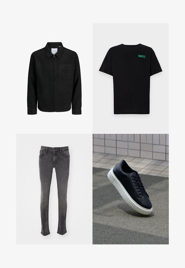 Chaqueta negra con cremallera y cuello, con un solo bolsillo en el pecho, expuesta sobre un fondo blanco.; Camiseta negra de algodón con mangas cortas. Presenta un logo verde "ROOTS" en el frente, escote redondo y corte estándar.; Jeans de mezclilla gris con un diseño de pierna recta, cinco bolsillos y un desvanecimiento sutil. Presenta un cierre de botón y lazos para cinturón.; Zapatilla de cuero negro con punta redonda y suela de goma blanca. Presenta cordones planos y un mínimo de costuras en la parte superior. Suela texturizada para proporcionar agarre.