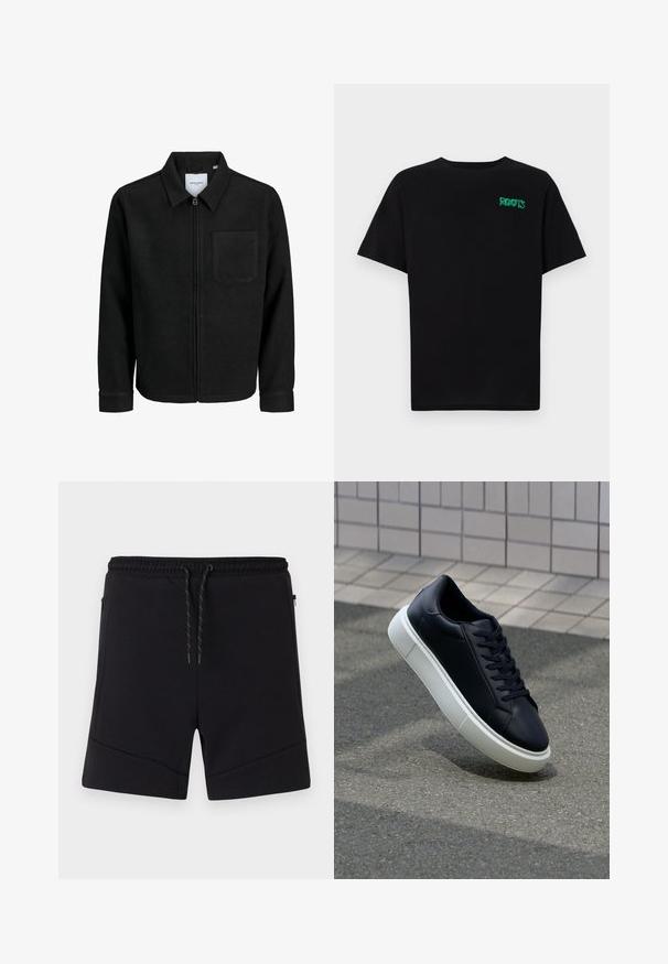 Veste zippée noire avec col et poche poitrine unique, présentée sur fond blanc.; T-shirt noir en coton à manches courtes. Présente un logo "ROOTS" vert sur le devant, un col rond et une coupe standard.; Shorts de sport noirs en tissu doux, dotés d'une taille élastique, d'un cordon de serrage et de poches zippées sur les côtés avec des coutures renforcées.; Baskets noires en cuir avec bout arrondi et semelle en caoutchouc blanc. Elles présentent des lacets plats et une couture minimale sur la tige. Semelle texturée pour une bonne adhérence.