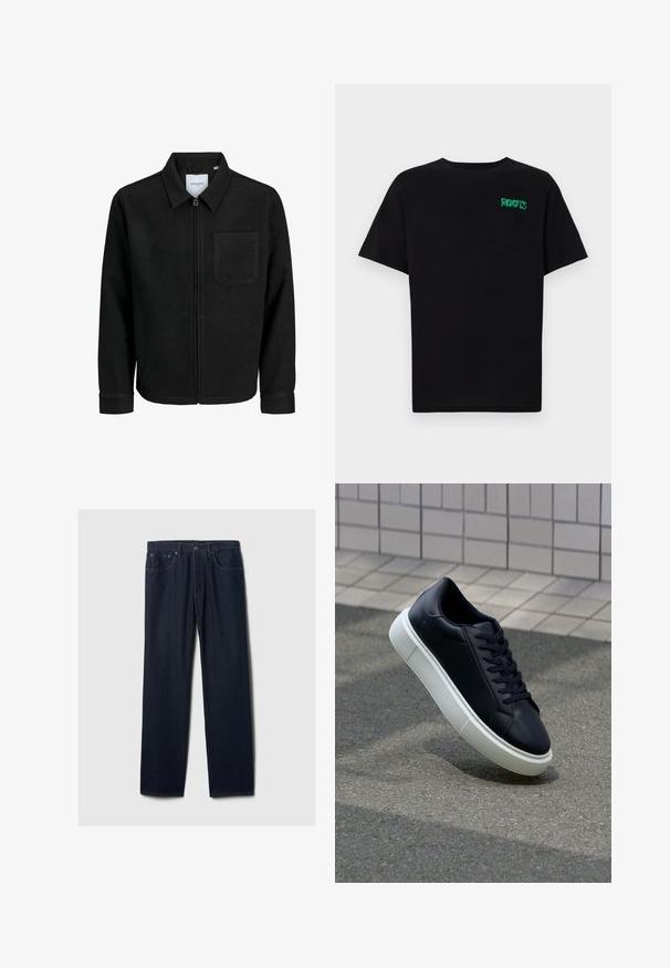 Mustaga lukuga jakker, millel on krae ja üks rinna-tasku, esitatud valgel taustal.; Must t-särk, mis on valmistatud puuvillast, lühikeste varrukatega. Esipaneelil on roheline "ROOTS" logo, ümmargune kaelus ja tavapärane lõige.; Tumedast sinised sirged teksad viie tasku kujundusega, nööbiga sulgemine ja nähtav õmblus heledal taustal.; Mustast nahast tennisetoss, millel on ümar nina ja valge kummist tall. Omab siredaid paelu ja minimaalset õmblemist ülemises osas. Tekstuuriga tald, mis tagab haakuvuse.