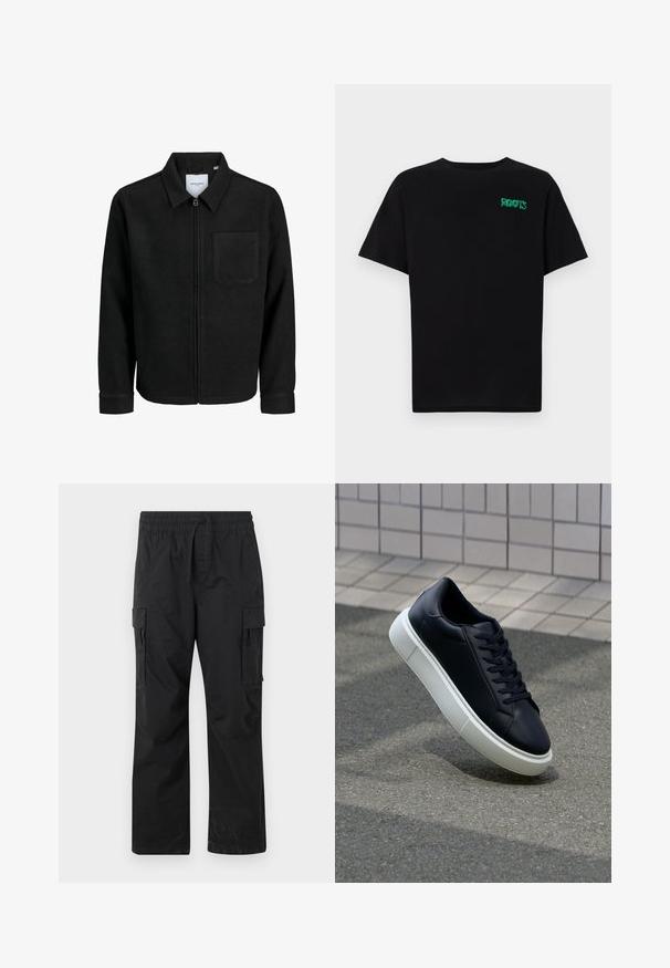 Čierna zipsová bunda s golierom a jednou náprsníkou, vystavená na bielom pozadí.; Čierne tričko s krátkymi rukávmi vyrobené z bavlny. Na prednej strane má zelené logo "ROOTS", okrúhly výstrih a štandardný strih.; Čierne cargo nohavice vyrobené z ľahkej tkaniny, so elastickým pásom, šnúrkou na stiahnutie a dvoma bočnými cargo vreckami.; Čierne kožené tenisky s okrúhlou špičkou a bielou gumovou podrážkou. Majú ploché šnúrky a minimálne šitie na vrchu. Textúrovaná podrážka pre lepšiu priľnavosť.
