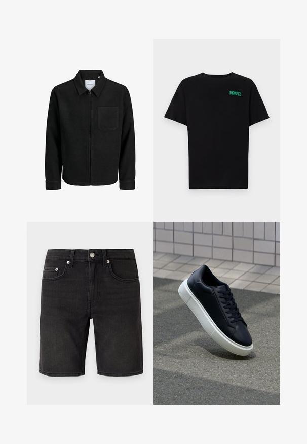Juodas džemperis su užtrauktuku, apykakle ir vienu krūtiniu kišenėje, pristatytas baltame fone.; Juodas medvilninis marškinėliai trumpomis rankovėmis. Priekyje yra žalias „ROOTS“ logotipas, apvalus iškirpimas ir standartinė prigludimo forma.; Juoda džinsinė šortai su klasikinio penkių kišenių dizainu, metaline saga ir subtiliais siuvinėjimo akcentais. Lygus audinys, iki kelių siekiantis šoninis ilgis.; Juodas odinis sportbačius su apvaliu pirštu ir baltu gumuotu padu. Turi plokščias raišteles ir minimalų siuvimą viršuje. Padangos tekstūra užtikrina sukibimą.
