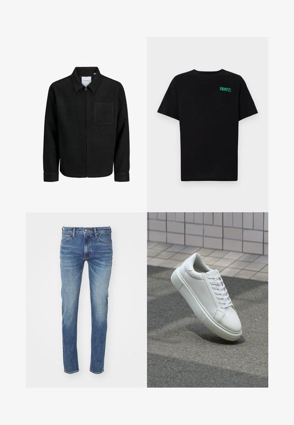 Mustaga lukuga jakker, millel on krae ja üks rinna-tasku, esitatud valgel taustal.; Must t-särk, mis on valmistatud puuvillast, lühikeste varrukatega. Esipaneelil on roheline "ROOTS" logo, ümmargune kaelus ja tavapärane lõige.; Sinine teksariie, millel on kulunud välimus, sirge jala disain, viie tasku stiil ja vöö loopsud; sisaldab klassikalist nööbi ja tõmbluku sulgemist.; Valge nahkline sneka, millel on sile pind, ümar varvas ja lame valge pael. Omab tekstuuriga kummist talla ja minimaalset kujunduselementi.