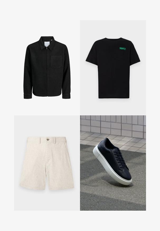 Veste zippée noire avec col et poche poitrine unique, présentée sur fond blanc.; T-shirt noir en coton à manches courtes. Présente un logo "ROOTS" vert sur le devant, un col rond et une coupe standard.; Shorts en lin beige clair avec un tissu texturé, dotés d'une fermeture par bouton à l'avant, de deux poches latérales et d'un design ajusté.; Baskets noires en cuir avec bout arrondi et semelle en caoutchouc blanc. Elles présentent des lacets plats et une couture minimale sur la tige. Semelle texturée pour une bonne adhérence.