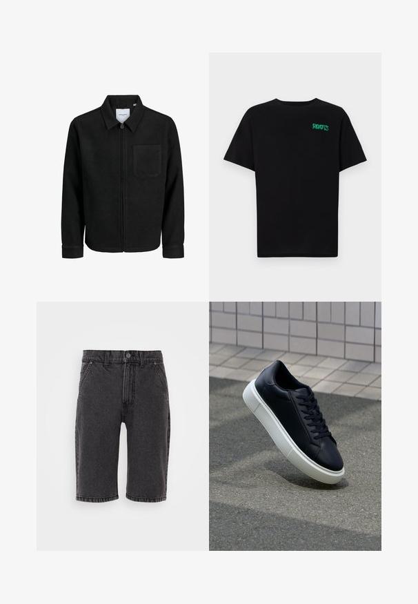 Musta vetoketjullinen takki, jossa on kaulus ja yksi rintatasku, esitelty valkoista taustaa vasten.; Mustat t-paidat, jotka on valmistettu puuvillasta ja joissa on lyhyet hihat. Edessä vihreä "ROOTS"-logo, pyöreä kaula-aukko ja normaali istuvuus.; Mustat farkkushortsit suoran leikkauksen kanssa, joissa on nappi- ja vetoketjusuljenta, viisi taskua ja hillittyt ompeluyksityiskohdat.; Mustat nahkakengät, joissa on pyöristetty kärki ja valkoinen kumipohja. Varusteena litteät nauhat ja minimaalinen ommel ylhäällä. Teksturoitu pohja pitävyyden lisäämiseksi.