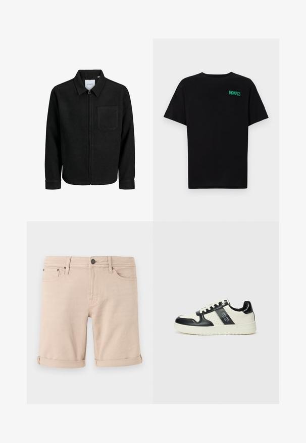 Juodas džemperis su užtrauktuku, apykakle ir vienu krūtiniu kišenėje, pristatytas baltame fone.; Juodas medvilninis marškinėliai trumpomis rankovėmis. Priekyje yra žalias „ROOTS“ logotipas, apvalus iškirpimas ir standartinė prigludimo forma.; Smėlio spalvos džinsiniai šortai su tiesiu kirpimu, su sukritais rankogaliais, dviem priekinėm kišenėm ir viena maža galine kišene. Pagaminti iš tvirto audinio.; Odiniai sportbačiai juodos ir kreminės spalvų schemoje, su perforuotais akcentais, paminkštinta apykakle ir tekstūruotu padu.