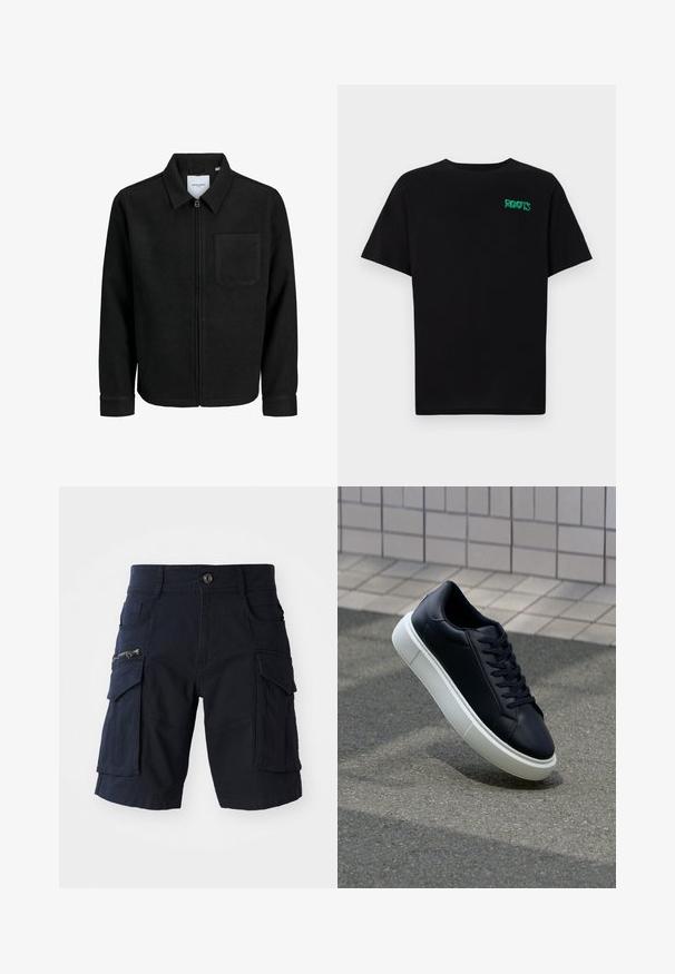 Schwarze Zip-Jacke mit Kragen und einer einzelnen Brusttasche, auf weißem Hintergrund präsentiert.; Schwarzes T-Shirt aus Baumwolle mit kurzen Ärmeln. Auf der Vorderseite befindet sich ein grünes "ROOTS"-Logo, es hat einen runden Halsauschnitt und eine normale Passform.; Marinefarbene Cargo-Shorts mit mehreren Taschen, einschliesslich einer seitlichen Tasche mit Reißverschluss, strapazierfähigem Stoff, geradem Schnitt und knielangem Design.; Schwarze Leder-Sneaker mit runder Zehenpartie und weißer Gummisohle. Verfügt über flache Schnürsenkel und minimale Nähte im Obermaterial. Strukturiertes Sohlenprofil für besseren Halt.