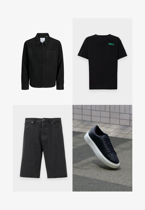 Čierna zipsová bunda s golierom a jednou náprsníkou, vystavená na bielom pozadí.; Čierne tričko s krátkymi rukávmi vyrobené z bavlny. Na prednej strane má zelené logo "ROOTS", okrúhly výstrih a štandardný strih.; Čierne deninové šortky s rovný strihom, štandardným dizajnom s piatimi vreckami, uzatváraním na gombík a textúrovaným povrchom látky.; Čierne kožené tenisky s okrúhlou špičkou a bielou gumovou podrážkou. Majú ploché šnúrky a minimálne šitie na vrchu. Textúrovaná podrážka pre lepšiu priľnavosť.