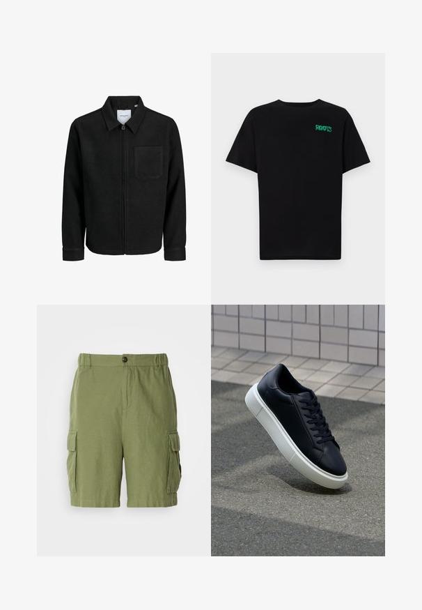 Čierna zipsová bunda s golierom a jednou náprsníkou, vystavená na bielom pozadí.; Čierne tričko s krátkymi rukávmi vyrobené z bavlny. Na prednej strane má zelené logo "ROOTS", okrúhly výstrih a štandardný strih.; Zelené cargo šortky s voľným strihom, vyrobené z ľahkej tkaniny. Obsahujú bočné vrecká a predné zapínanie na gombík.; Čierne kožené tenisky s okrúhlou špičkou a bielou gumovou podrážkou. Majú ploché šnúrky a minimálne šitie na vrchu. Textúrovaná podrážka pre lepšiu priľnavosť.