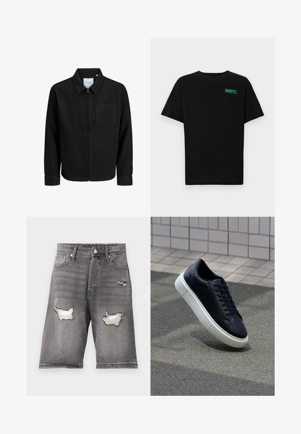 Chaqueta negra con cremallera y cuello, con un solo bolsillo en el pecho, expuesta sobre un fondo blanco.; Camiseta negra de algodón con mangas cortas. Presenta un logo verde "ROOTS" en el frente, escote redondo y corte estándar.; Pantalones cortos de mezclilla gris con un acabado desgastado, que cuentan con dos parches rasgados y un diseño de cinco bolsillos. Cierre de metal con botón y cremallera.; Zapatilla de cuero negro con punta redonda y suela de goma blanca. Presenta cordones planos y un mínimo de costuras en la parte superior. Suela texturizada para proporcionar agarre.