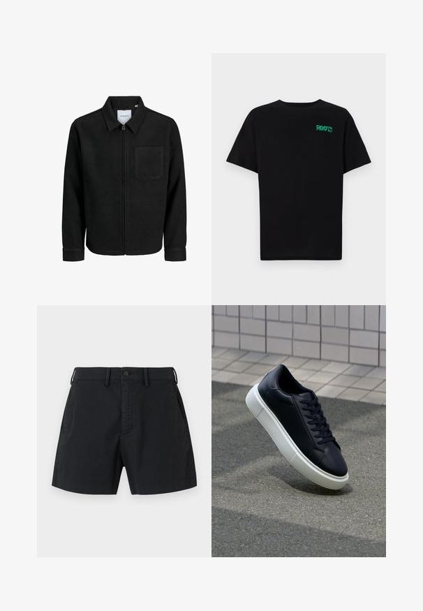 Čierna zipsová bunda s golierom a jednou náprsníkou, vystavená na bielom pozadí.; Čierne tričko s krátkymi rukávmi vyrobené z bavlny. Na prednej strane má zelené logo "ROOTS", okrúhly výstrih a štandardný strih.; Čierne bavlnené šortky s gombíkovým pásom, bočnými vreckami a rovnými líniami. Hladká textúra s minimalistickým estetikou.; Čierne kožené tenisky s okrúhlou špičkou a bielou gumovou podrážkou. Majú ploché šnúrky a minimálne šitie na vrchu. Textúrovaná podrážka pre lepšiu priľnavosť.