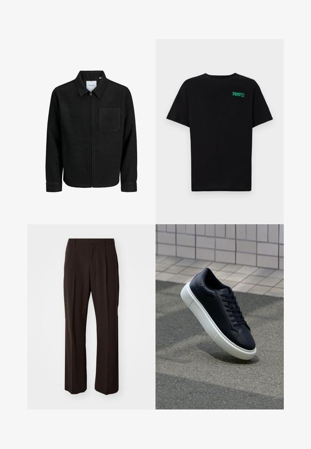 Melna jaka ar rāvējslēdzēju un apkakli, vienu krūšu kabatu, parādīta uz baltas fona.; Melna kokvilnas t-kreka ar īsām piedurknēm. Uz priekšu ir zaļa "ROOTS" logo, apaļa kakla izgriezums un standarta piegriezums.; GAP LOOSE - Auduma bikses - brown noir; Melnas ādas kedas ar noapaļotu pirkstu un baltu gumijas zoli. Iespējas - plakanas šņorītes un minimāla apdare augšdaļā. Struktūrēta zole, lai nodrošinātu saķeri.