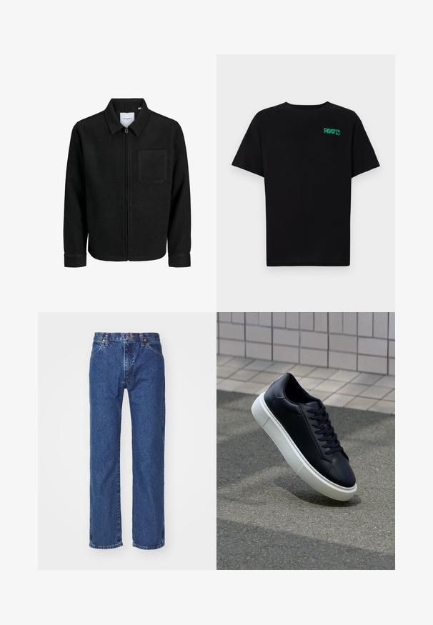 Veste zippée noire avec col et poche poitrine unique, présentée sur fond blanc.; T-shirt noir en coton à manches courtes. Présente un logo "ROOTS" vert sur le devant, un col rond et une coupe standard.; Jean en denim bleu à jambes droites avec bouton frontal, fermeture éclair, passants de ceinture et design à cinq poches sur un fond blanc uni.; Baskets noires en cuir avec bout arrondi et semelle en caoutchouc blanc. Elles présentent des lacets plats et une couture minimale sur la tige. Semelle texturée pour une bonne adhérence.