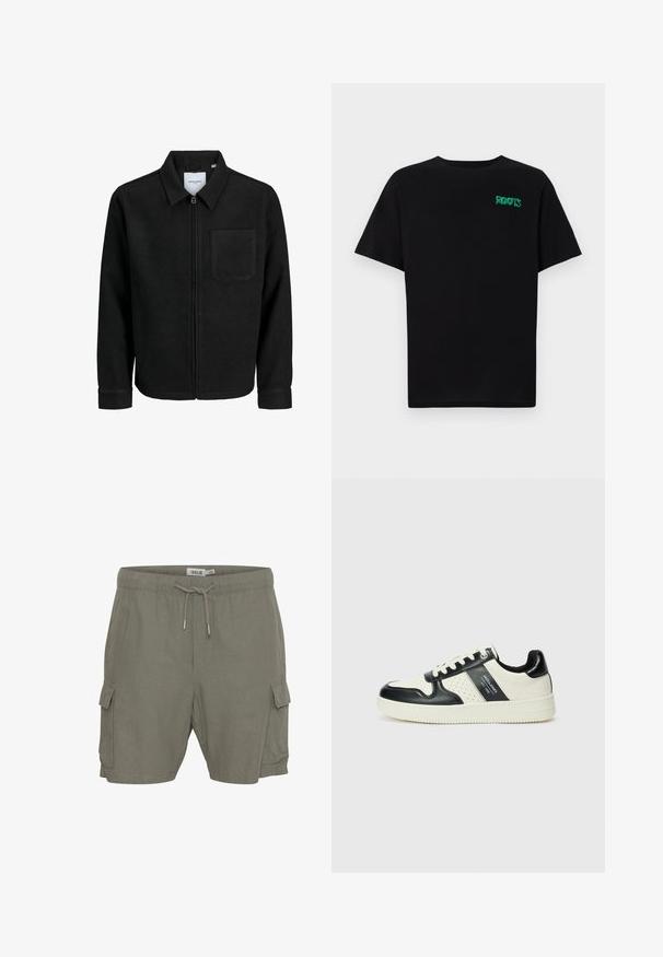 Juodas džemperis su užtrauktuku, apykakle ir vienu krūtiniu kišenėje, pristatytas baltame fone.; Juodas medvilninis marškinėliai trumpomis rankovėmis. Priekyje yra žalias „ROOTS“ logotipas, apvalus iškirpimas ir standartinė prigludimo forma.; Olive spalvos cargo šortai, pasižymintys raišteliu reguliuojamu liemeniu, šoninėmis kišenėmis ir lengvu, tekstūruotu audiniu.; Odiniai sportbačiai juodos ir kreminės spalvų schemoje, su perforuotais akcentais, paminkštinta apykakle ir tekstūruotu padu.