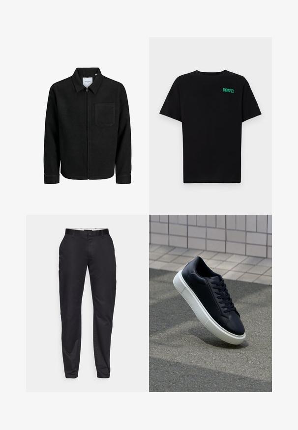 Melna jaka ar rāvējslēdzēju un apkakli, vienu krūšu kabatu, parādīta uz baltas fona.; Melna kokvilnas t-kreka ar īsām piedurknēm. Uz priekšu ir zaļa "ROOTS" logo, apaļa kakla izgriezums un standarta piegriezums.; Melnas bikses ar pieguļošu piegriezumu, ar plakanu priekšpusi, jostu cilpām un vienu pogu aizdari. Gluda auduma ar minimālu spīdumu.; Melnas ādas kedas ar noapaļotu pirkstu un baltu gumijas zoli. Iespējas - plakanas šņorītes un minimāla apdare augšdaļā. Struktūrēta zole, lai nodrošinātu saķeri.