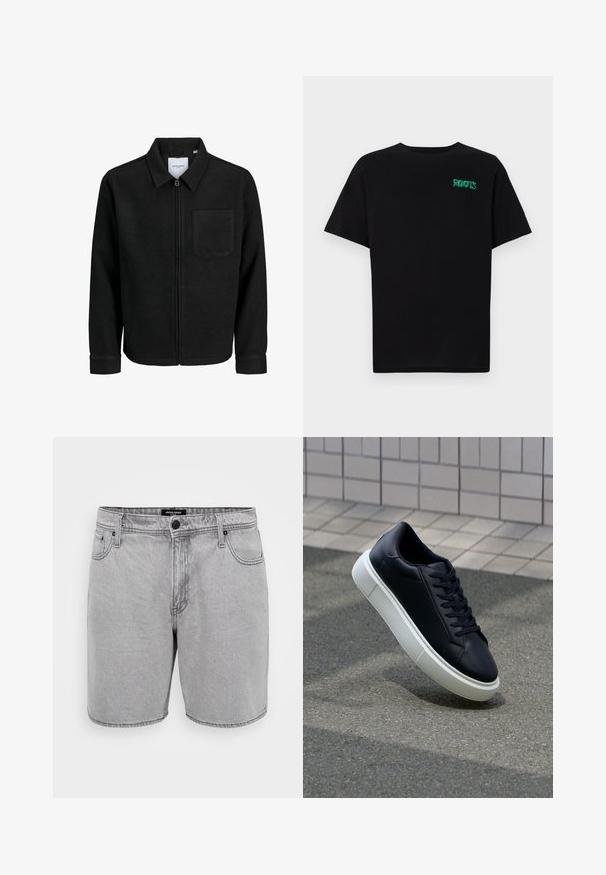 Chaqueta negra con cremallera y cuello, con un solo bolsillo en el pecho, expuesta sobre un fondo blanco.; Camiseta negra de algodón con mangas cortas. Presenta un logo verde "ROOTS" en el frente, escote redondo y corte estándar.; Pantalones cortos de mezclilla gris con corte recto, que incluyen bolsillos frontales, cierre de botón y un diseño clásico de cinco bolsillos.; Zapatilla de cuero negro con punta redonda y suela de goma blanca. Presenta cordones planos y un mínimo de costuras en la parte superior. Suela texturizada para proporcionar agarre.