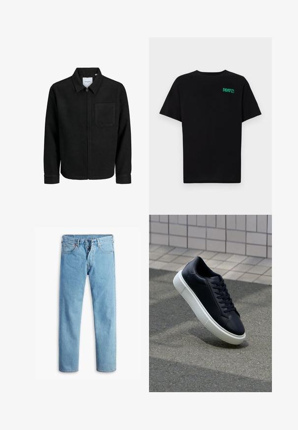 Mustaga lukuga jakker, millel on krae ja üks rinna-tasku, esitatud valgel taustal.; Must t-särk, mis on valmistatud puuvillast, lühikeste varrukatega. Esipaneelil on roheline "ROOTS" logo, ümmargune kaelus ja tavapärane lõige.; Heledad sinine denimist valmistatud sirge lõikega teksapüksid, viie taskuga disain ja nupuvajutusega sulgemine. Omab eristuvat õmblust ning kontrastselt õmmeldud taskute ümber.; Mustast nahast tennisetoss, millel on ümar nina ja valge kummist tall. Omab siredaid paelu ja minimaalset õmblemist ülemises osas. Tekstuuriga tald, mis tagab haakuvuse.