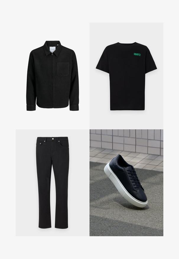 Giacca nera con zip, colletto e una tasca sul petto, mostrata su sfondo bianco.; T-shirt nera in cotone con maniche corte. Presenta un logo verde "ROOTS" sulla parte frontale, colletto rotondo e vestibilità standard.; Jeans in denim nero con un design a gamba dritta, caratterizzati da cinque tasche e hardware argentato con una finitura liscia. Senza fantasie o accenti.; Sneaker in pelle nera con punta arrotondata e suola in gomma bianca. Presenta lacci piatti e cuciture minime sulla parte superiore. Suola testurizzata per una migliore aderenza.