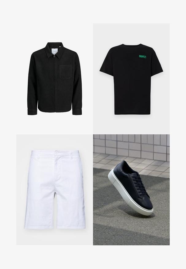 Veste zippée noire avec col et poche poitrine unique, présentée sur fond blanc.; T-shirt noir en coton à manches courtes. Présente un logo "ROOTS" vert sur le devant, un col rond et une coupe standard.; Shorts en coton blancs avec une coupe droite, fermeture éclair et bouton. Comprend des poches latérales et une texture lisse.; Baskets noires en cuir avec bout arrondi et semelle en caoutchouc blanc. Elles présentent des lacets plats et une couture minimale sur la tige. Semelle texturée pour une bonne adhérence.