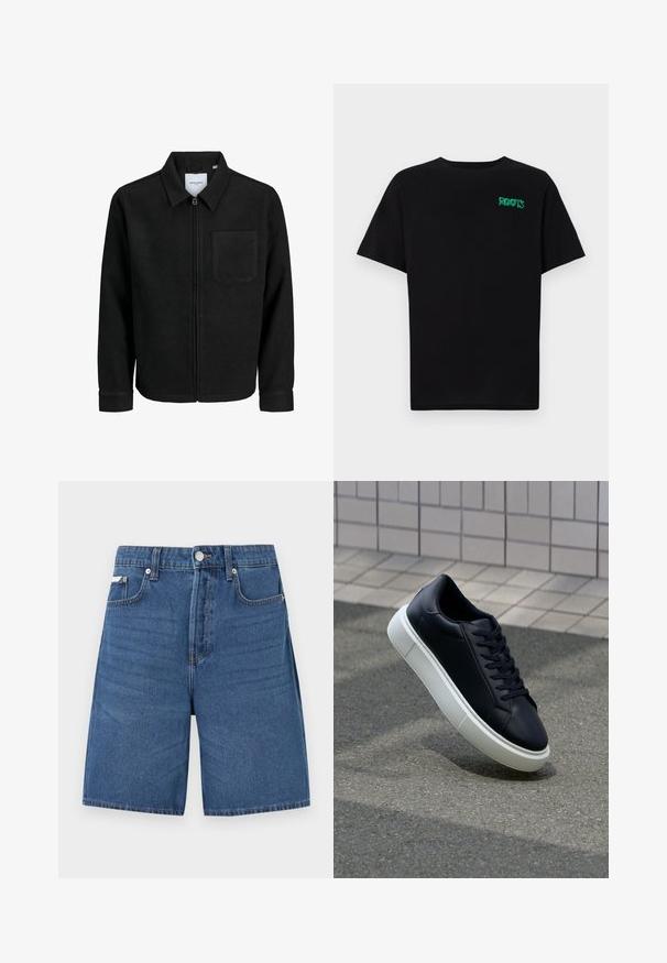 Chaqueta negra con cremallera y cuello, con un solo bolsillo en el pecho, expuesta sobre un fondo blanco.; Camiseta negra de algodón con mangas cortas. Presenta un logo verde "ROOTS" en el frente, escote redondo y corte estándar.; Shorts de mezclilla en azul oscuro con corte recto, diseño de cinco bolsillos y costuras visibles. Cuenta con un cierre frontal de botón y cremallera.; Zapatilla de cuero negro con punta redonda y suela de goma blanca. Presenta cordones planos y un mínimo de costuras en la parte superior. Suela texturizada para proporcionar agarre.