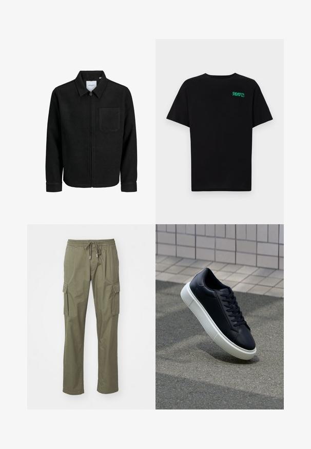 Schwarze Zip-Jacke mit Kragen und einer einzelnen Brusttasche, auf weißem Hintergrund präsentiert.; Schwarzes T-Shirt aus Baumwolle mit kurzen Ärmeln. Auf der Vorderseite befindet sich ein grünes "ROOTS"-Logo, es hat einen runden Halsauschnitt und eine normale Passform.; Olivgrüne Cargo-Hosen aus weichem Baumwollstoff, mit zwei seitlichen Cargo-Taschen und einem elastischen Bund mit Kordelzug.; Schwarze Leder-Sneaker mit runder Zehenpartie und weißer Gummisohle. Verfügt über flache Schnürsenkel und minimale Nähte im Obermaterial. Strukturiertes Sohlenprofil für besseren Halt.