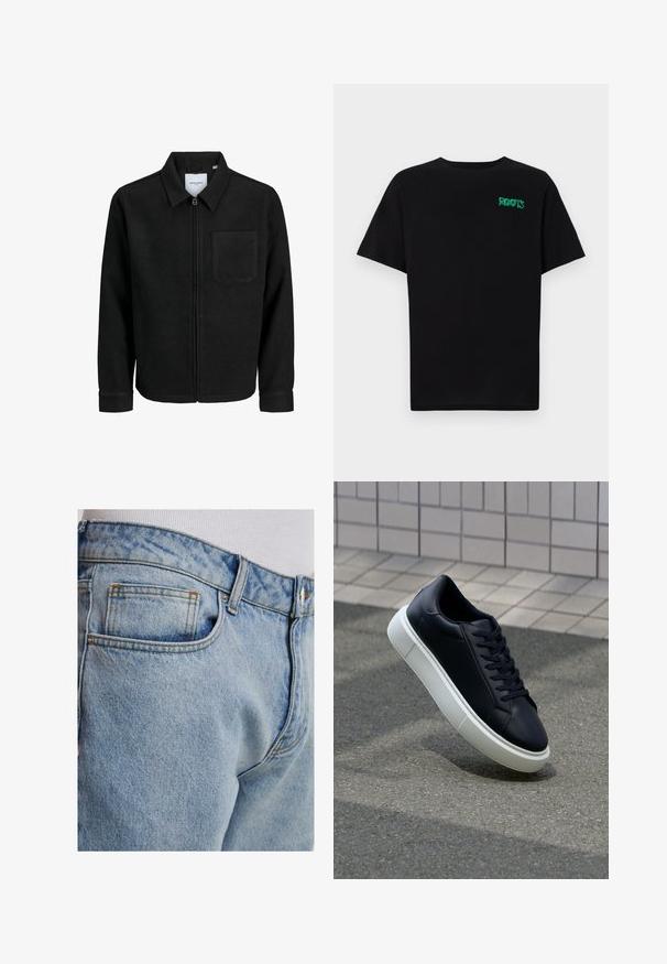 Juodas džemperis su užtrauktuku, apykakle ir vienu krūtiniu kišenėje, pristatytas baltame fone.; Juodas medvilninis marškinėliai trumpomis rankovėmis. Priekyje yra žalias „ROOTS“ logotipas, apvalus iškirpimas ir standartinė prigludimo forma.; Šviesiai mėlynos džinsinės kelnės su klasikiniu siluetu, turinčios nugarinę kišenę, kontrastingą siūlę ir lygų paviršių.; Juodas odinis sportbačius su apvaliu pirštu ir baltu gumuotu padu. Turi plokščias raišteles ir minimalų siuvimą viršuje. Padangos tekstūra užtikrina sukibimą.