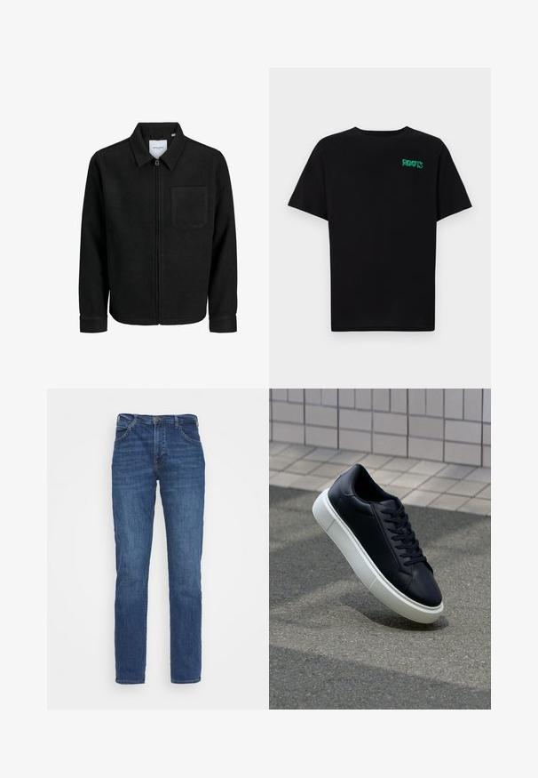 Juodas džemperis su užtrauktuku, apykakle ir vienu krūtiniu kišenėje, pristatytas baltame fone.; Juodas medvilninis marškinėliai trumpomis rankovėmis. Priekyje yra žalias „ROOTS“ logotipas, apvalus iškirpimas ir standartinė prigludimo forma.; Mėlyni džinsai su tiesiu sijonu, turintys penkis kišenes, metalinį mygtuką ir švelnų blukimo efektą lygiai tekstūroje.; Juodas odinis sportbačius su apvaliu pirštu ir baltu gumuotu padu. Turi plokščias raišteles ir minimalų siuvimą viršuje. Padangos tekstūra užtikrina sukibimą.