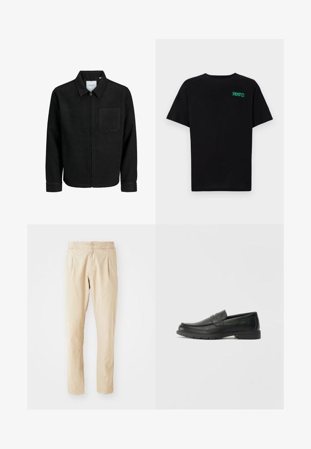 Melna jaka ar rāvējslēdzēju un apkakli, vienu krūšu kabatu, parādīta uz baltas fona.; Melna kokvilnas t-kreka ar īsām piedurknēm. Uz priekšu ir zaļa "ROOTS" logo, apaļa kakla izgriezums un standarta piegriezums.; Bežīgas bikses ar nedaudz teksturētu audumu, ar elastīgu jostasvietu, pogu aizdari un divām priekšējām krokām, lai pievienotu apjomu.; Melnas ādas loafers ar gludu apdari, mokasīnu stila augšdaļu, šūtu detalizāciju un gumijas zoli. Klasisks dizains ar zemu papēdi.