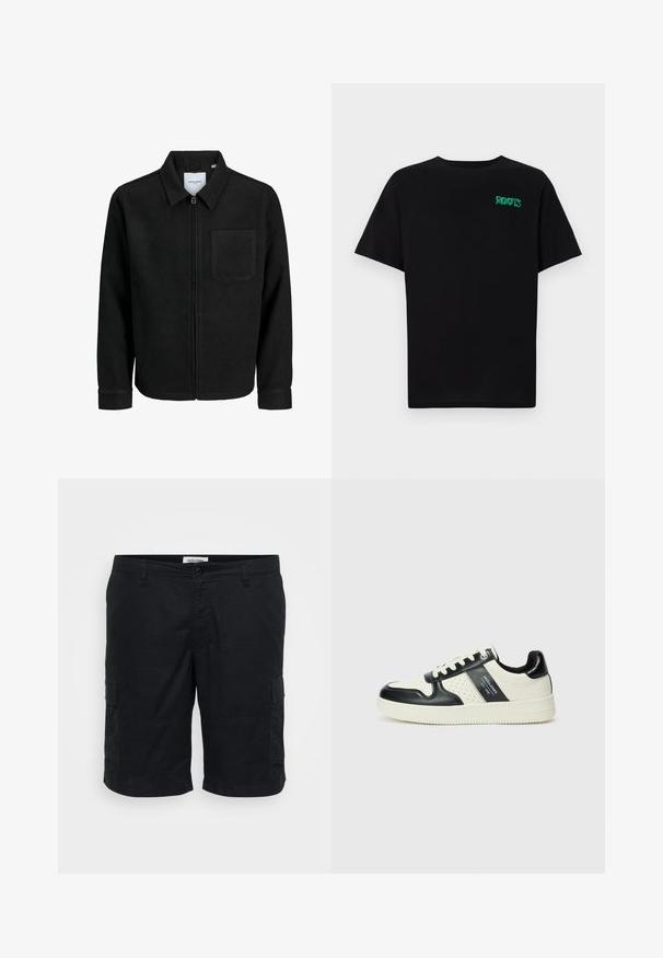 Črna jakna z zadrgo in ovratnikom ter enim žepom na prsih, prikazana na beli podlagi.; Črna majica iz bombaža z kratkimi rokavi. Na sprednji strani ima zeleno logotip "ROOTS", okroglo ovratnico in standardno prileganje.; Črne cargo kratke hlače iz bombaža. Imajo dva stranska žepa, sproščen kroj in ravno sprednjo stran z gumbom.; Usnjeni športni čevlji z črno in krem barvno shemo, ki vključujejo perforirane dodatke, podložen ovratnik in strukturirano podplat.
