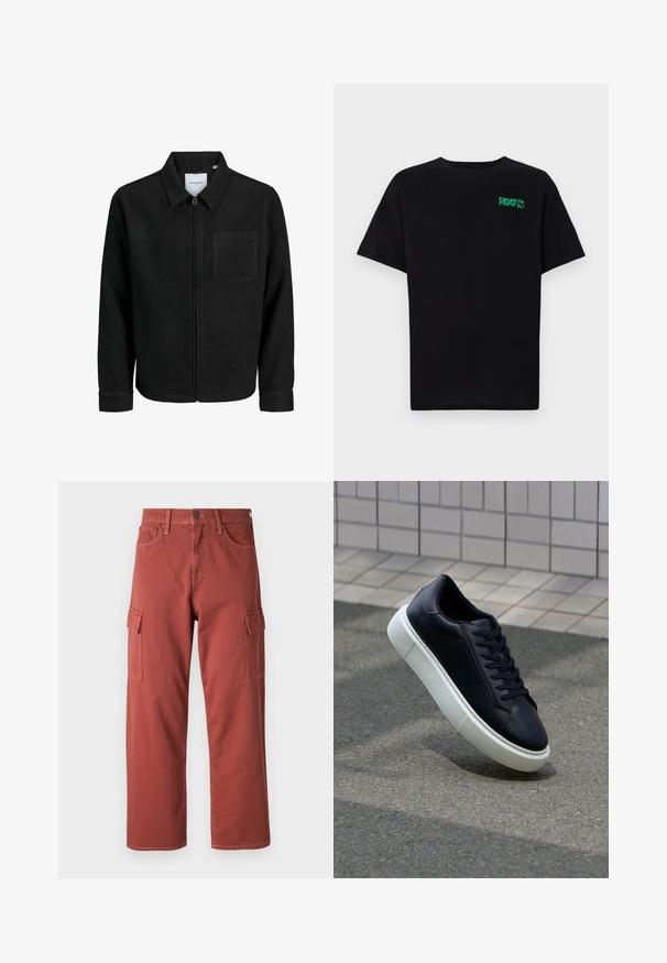 Černá zipová bunda s límečkem a jednou kapsou na hrudi, vystavená na bílém pozadí.; Černé tričko vyrobené z bavlny s krátkým rukávem. Na přední straně se nachází zelené logo "ROOTS", kulatý výstřih a standardní střih.; Cargo kalhoty v červenohnědé barvě, vyrobené z pevné látky, s bočními kapsami, rovnými nohavicemi a viditelnými švy.; Černé kožené tenisky s kulatou špičkou a bílou gumovou podrážkou. mají ploché tkaničky a minimální šití na svršku. Texturovaná podrážka pro lepší přilnavost.