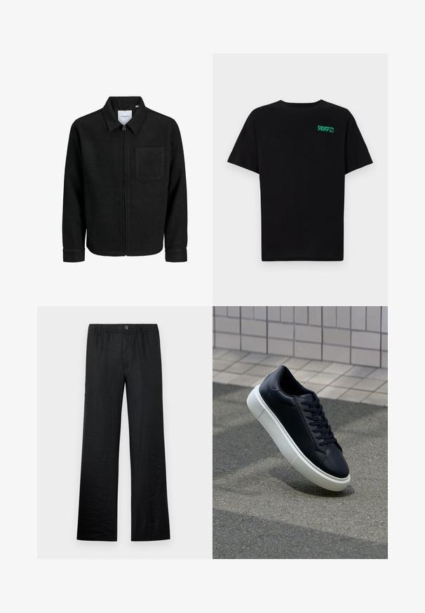 Chaqueta negra con cremallera y cuello, con un solo bolsillo en el pecho, expuesta sobre un fondo blanco.; Camiseta negra de algodón con mangas cortas. Presenta un logo verde "ROOTS" en el frente, escote redondo y corte estándar.; Pantalones de lino negros con un corte relajado, que cuentan con una cintura elástica y un detalle de botón, mostrando una textura suave y un diseño de pierna ancha.; Zapatilla de cuero negro con punta redonda y suela de goma blanca. Presenta cordones planos y un mínimo de costuras en la parte superior. Suela texturizada para proporcionar agarre.