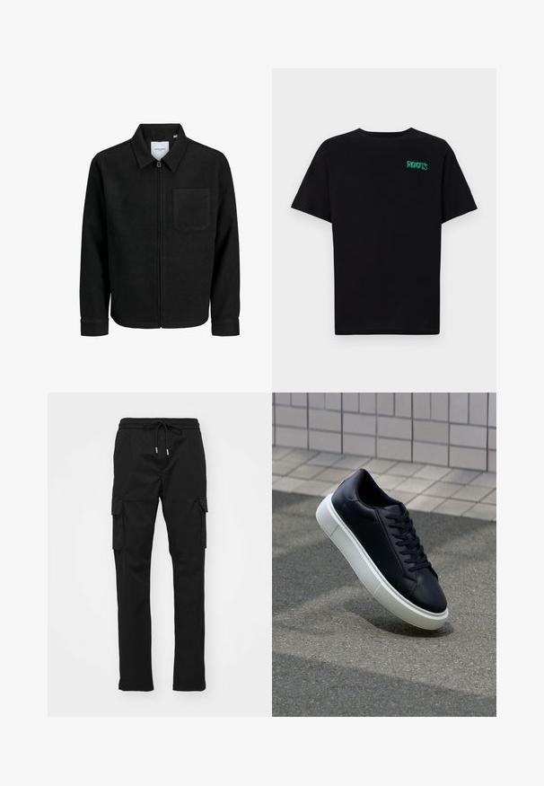 Mustaga lukuga jakker, millel on krae ja üks rinna-tasku, esitatud valgel taustal.; Must t-särk, mis on valmistatud puuvillast, lühikeste varrukatega. Esipaneelil on roheline "ROOTS" logo, ümmargune kaelus ja tavapärane lõige.; Mustad mustad püksid, mis on valmistatud siledast kangast, elastse vöökoha ja nööriga, küljetaskud ning kaarditaskud mõlemal jalal.; Mustast nahast tennisetoss, millel on ümar nina ja valge kummist tall. Omab siredaid paelu ja minimaalset õmblemist ülemises osas. Tekstuuriga tald, mis tagab haakuvuse.