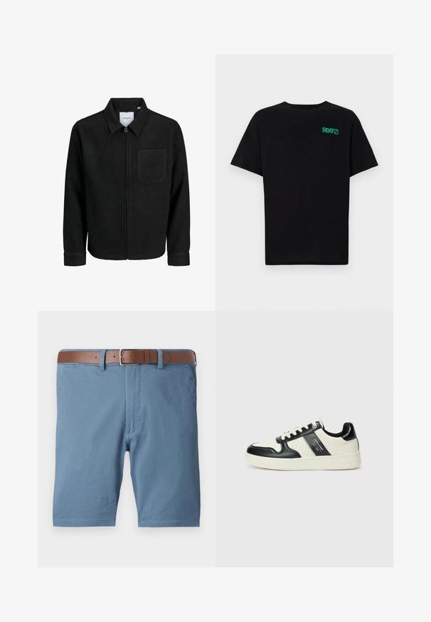 Jachetă neagră cu fermoar, cu guler și un singur buzunar pe piept, expusă pe fundal alb.; Tricou negru din bumbac, cu mâneci scurte. Prezintă un logo verde "ROOTS" pe față, guler rotund și o potrivire standard.; Shorts albastre din bumbac, cu o curea din piele maro, croi drept, buzunare frontale și un finisaj curat la tivuri.; Tenisi din piele cu un scheme de culori negru și crem, dotati cu accente perforate, guler căptușit și o talpă texturată.