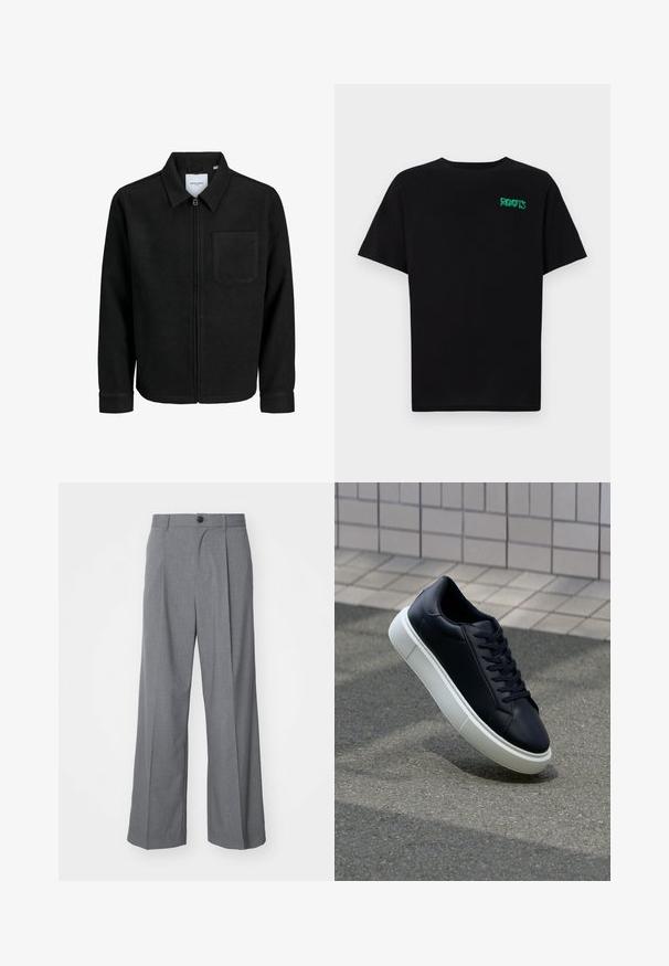 Črna jakna z zadrgo in ovratnikom ter enim žepom na prsih, prikazana na beli podlagi.; Črna majica iz bombaža z kratkimi rokavi. Na sprednji strani ima zeleno logotip "ROOTS", okroglo ovratnico in standardno prileganje.; Weekday UNO LOOSE SUIT TROUSERS - Hlače za moške obleke - dark grey; Črne usnjene superge z zaobljenim prstom in belim gumijastim podplat. Imajo ravne vezalke in minimalno šivanje na zgornjem delu. Teksturirani podplat za oprijem.