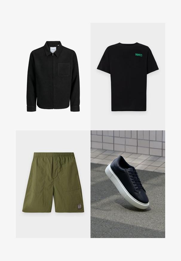 Mustaga lukuga jakker, millel on krae ja üks rinna-tasku, esitatud valgel taustal.; Must t-särk, mis on valmistatud puuvillast, lühikeste varrukatega. Esipaneelil on roheline "ROOTS" logo, ümmargune kaelus ja tavapärane lõige.; Roheline nailonist lühikesed püksid elastse vöökoha, kahe küljetasku ja tumhallil taustal valge "GAP" kleebise sildiga.; Mustast nahast tennisetoss, millel on ümar nina ja valge kummist tall. Omab siredaid paelu ja minimaalset õmblemist ülemises osas. Tekstuuriga tald, mis tagab haakuvuse.